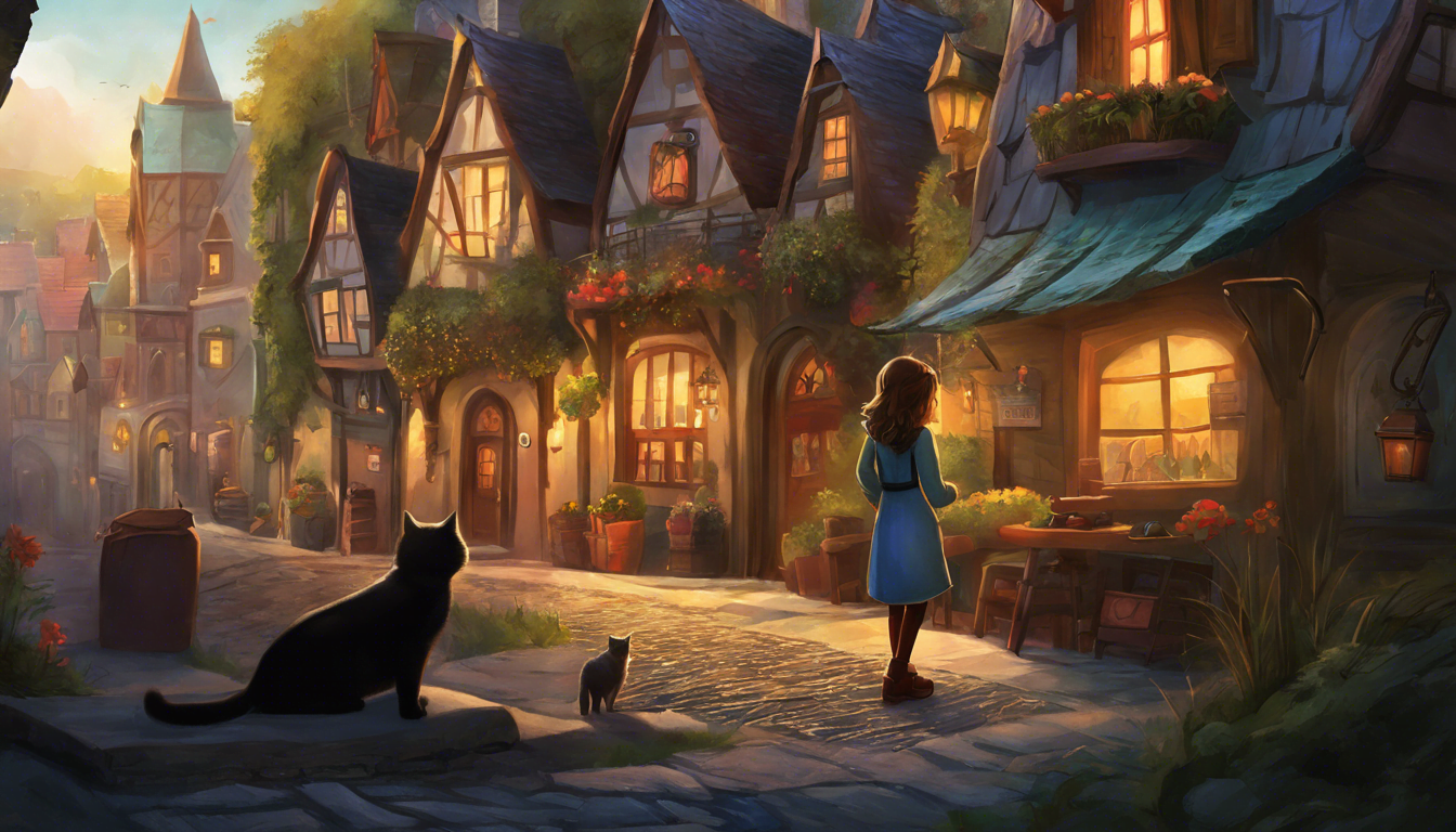 A girl and her cat search for a missing necklace in a charming town.