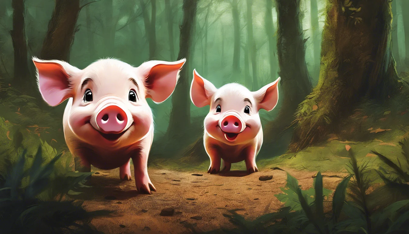 Two playful piglets running down a forest path, surrounded by lush greenery.