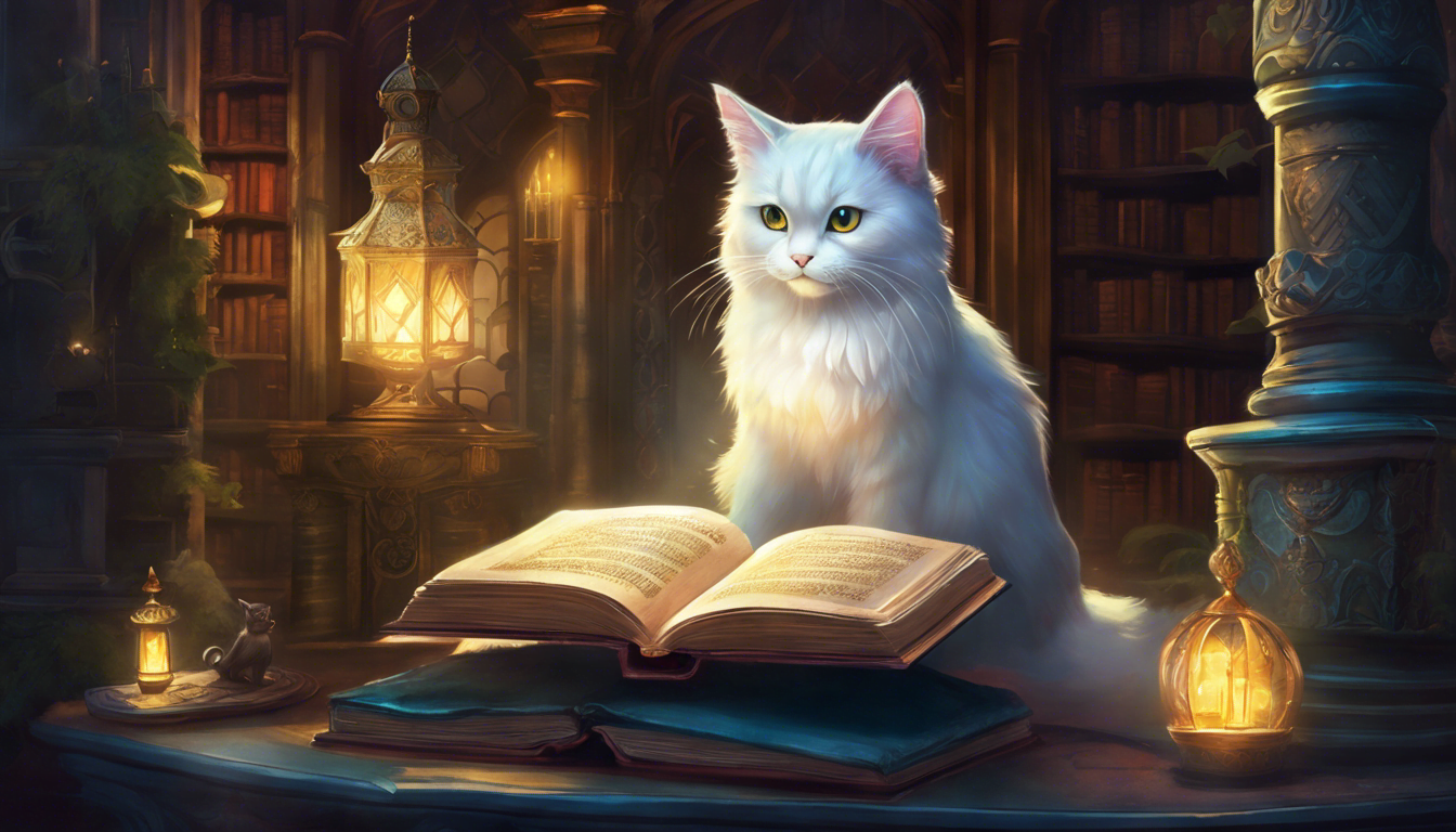 A ghost cat with a glowing book in a magical mansion.