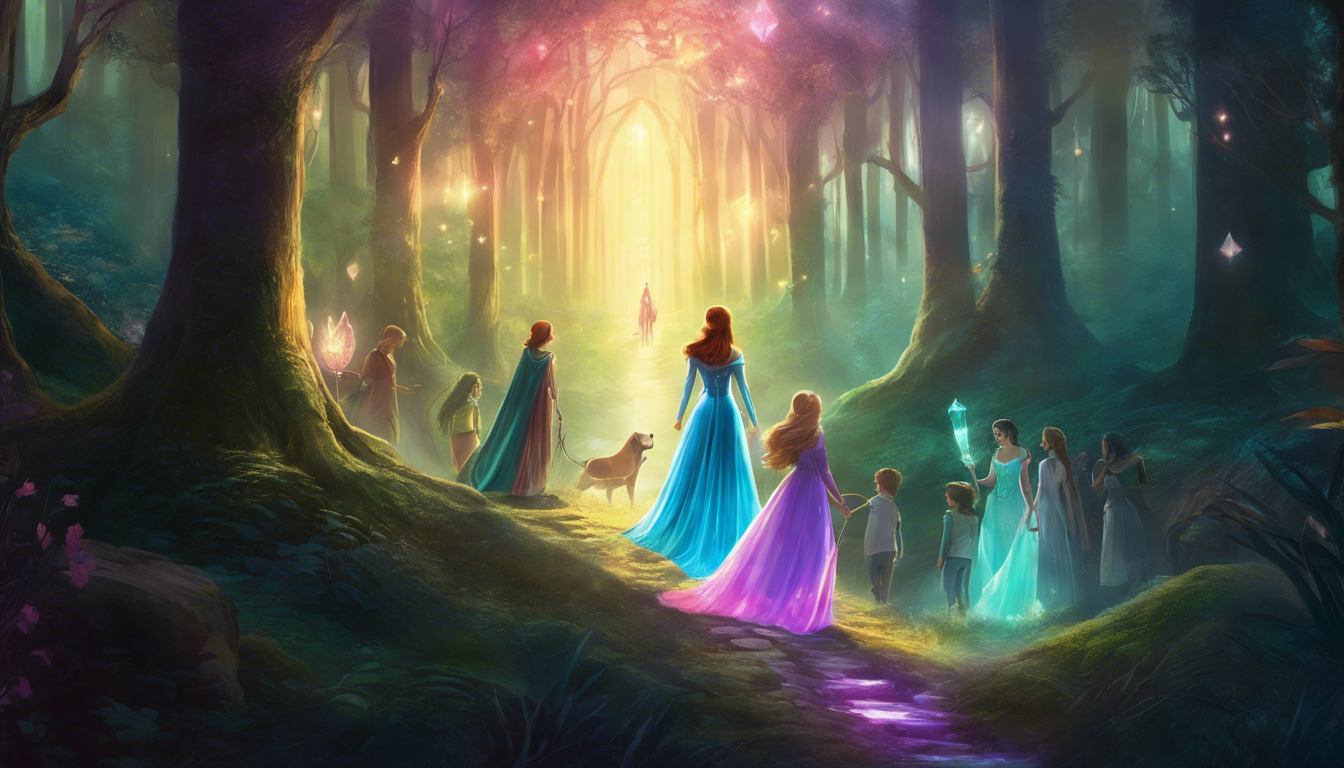 A princess guiding friends through a mystical forest towards a glowing crystal.