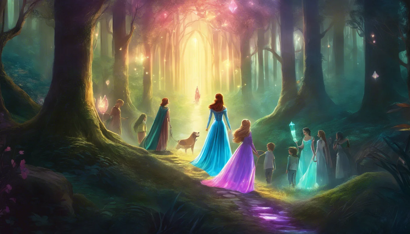 A group of fantasy characters, including princesses and children, walking through a magical forest towards a glowing archway.