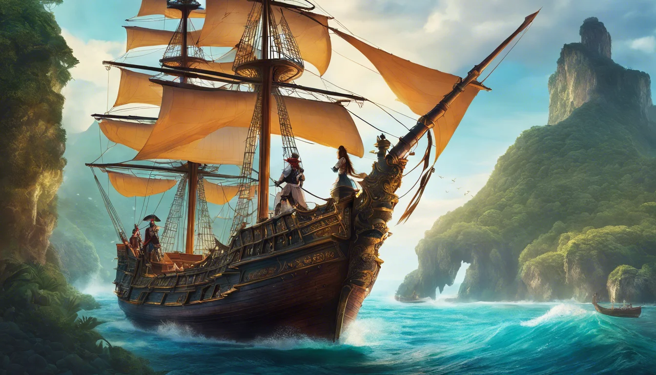 Tall ship with billowing sails sailing through turquoise waters, flanked by lush green cliffs and a dramatic sky.
