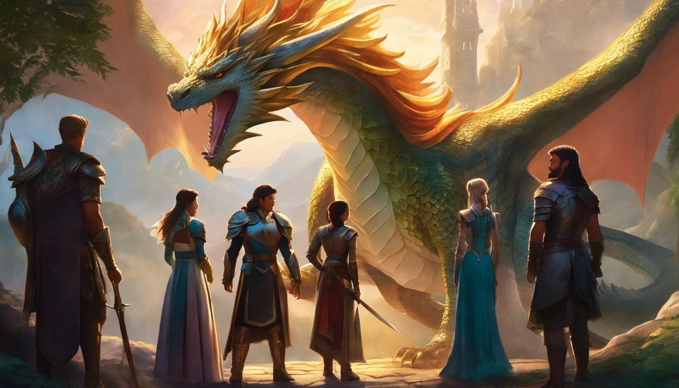 A group of six adventurers stands before a majestic dragon, set in a mystical landscape with a castle in the background.