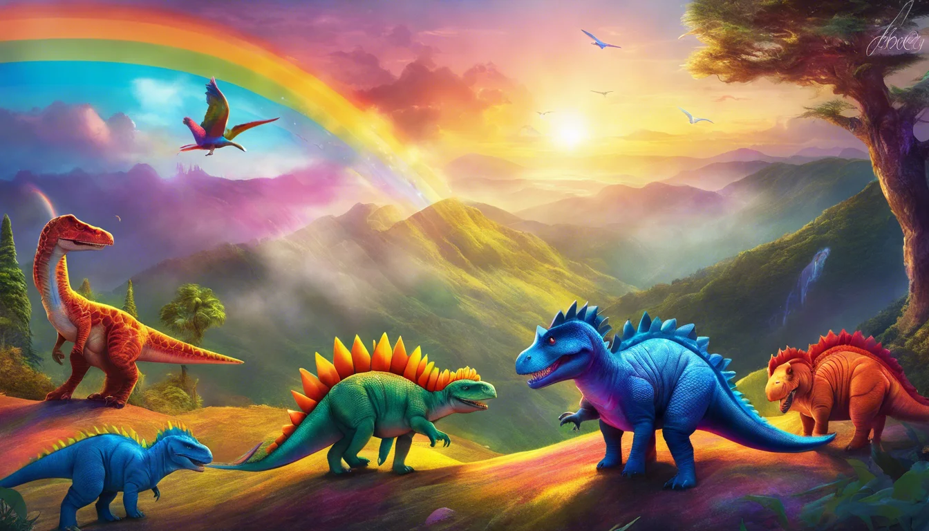 Dinosaurs creating a rainbow on a hill.