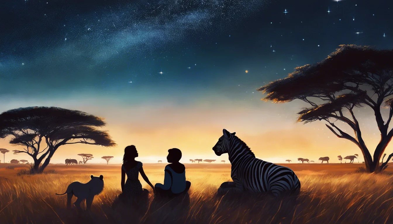 A silhouetted scene of two people and a zebra sitting in tall grass under a starry sky, with acacia trees in the background.