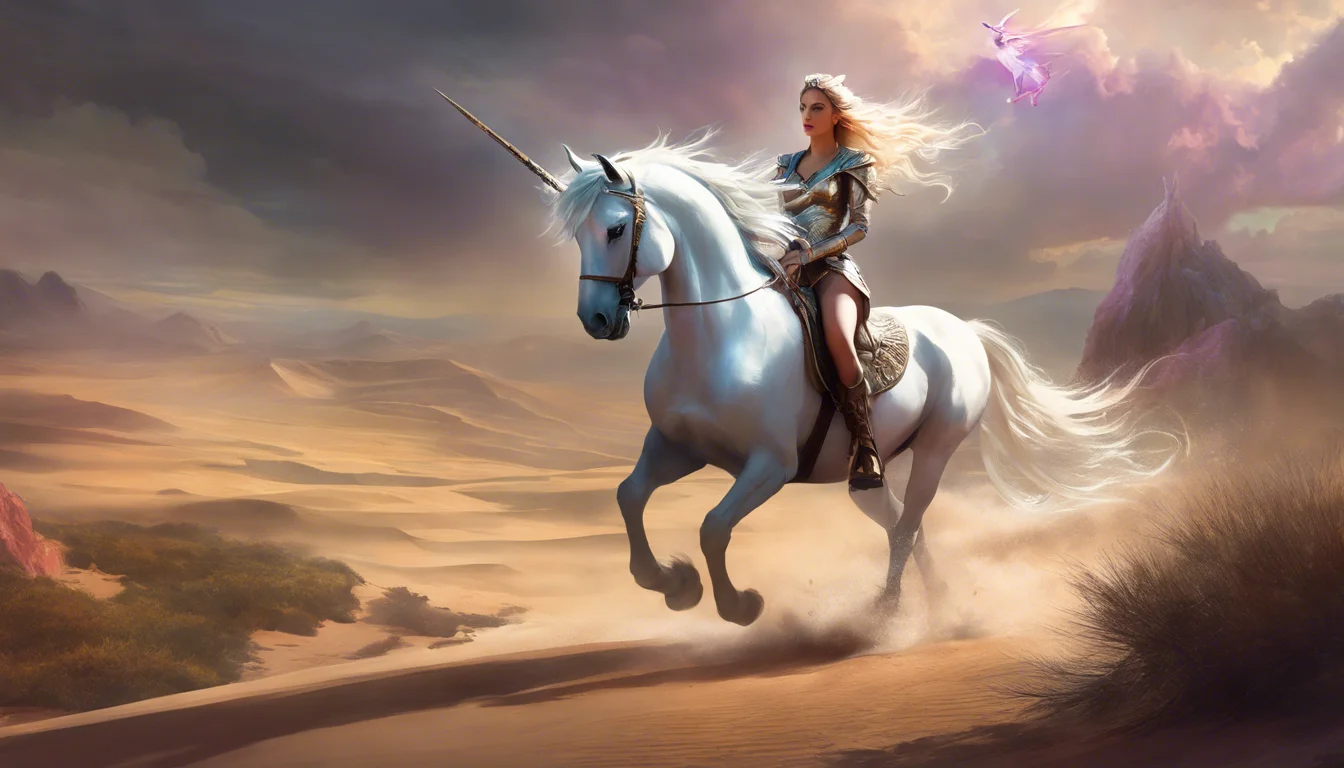 A fantasy scene featuring a woman in elegant attire riding a white unicorn through a sandy landscape, with magical elements hovering in the air.