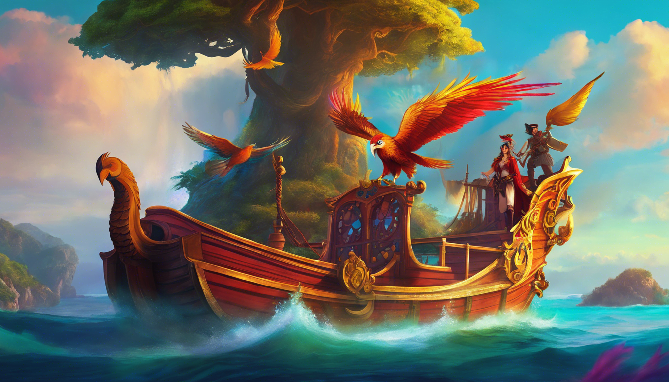 A pirate princess and her crew sailing on a colorful ship towards a mystical island with a majestic Phoenix.