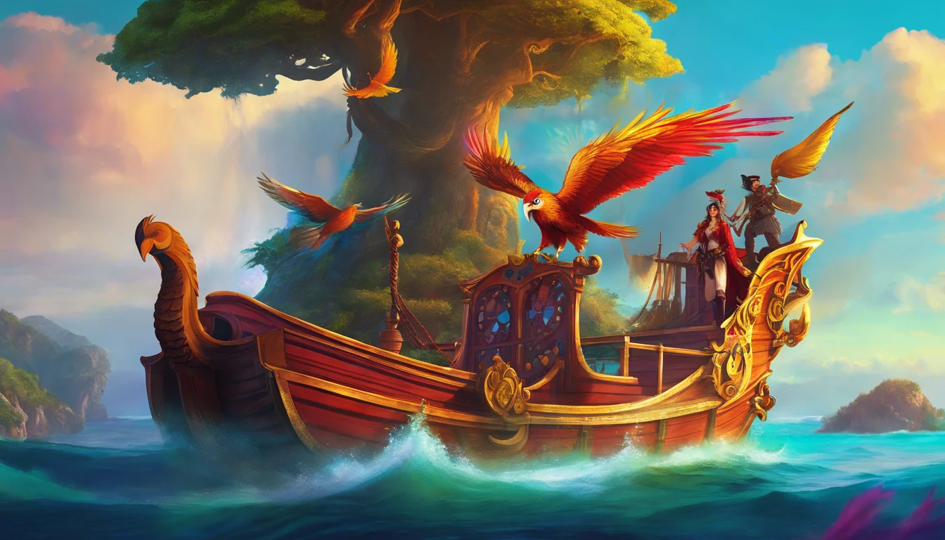 A vibrant pirate ship sails through sparkling waters, flanked by colorful birds and a giant tree under a bright sky.