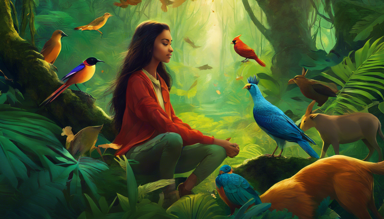 A girl surrounded by animals in a vibrant forest.