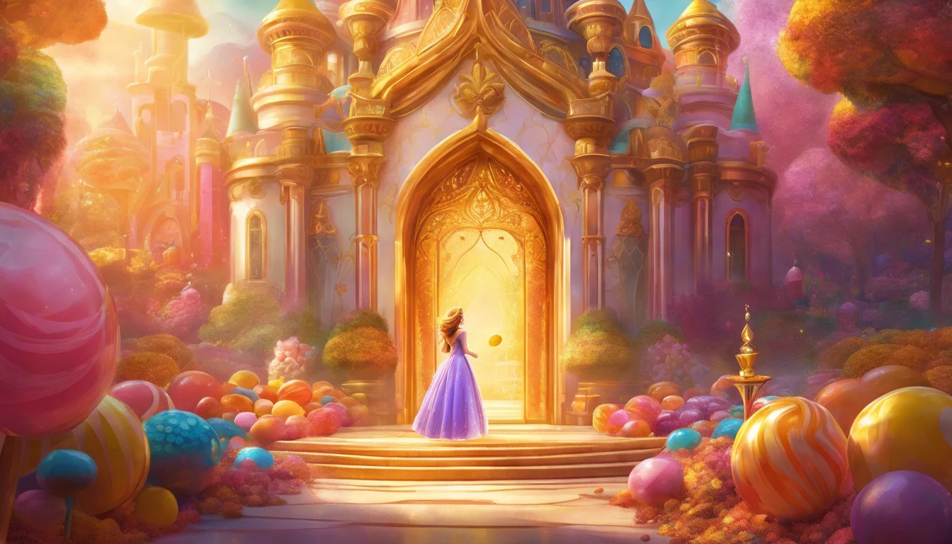 A princess in a flowing purple gown stands at the entrance of a magical castle adorned with colorful candy and vibrant surroundings.