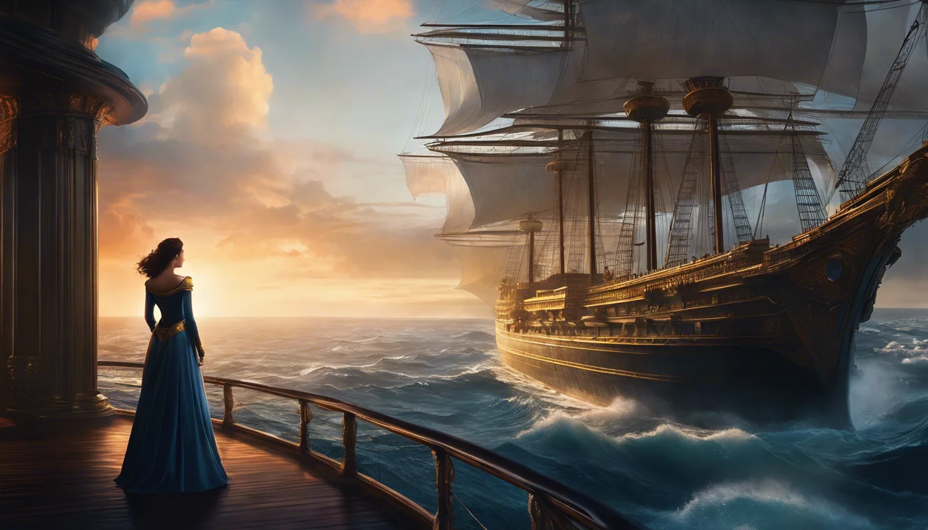 A woman in a blue gown stands on the deck of a ship, gazing at a majestic sailing ship on the horizon under a vibrant sunset.