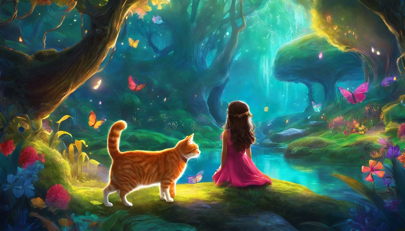 A girl in a pink dress sits by a glowing stream, accompanied by an orange cat, surrounded by a vibrant, enchanted forest full of butterflies and colorful flowers.