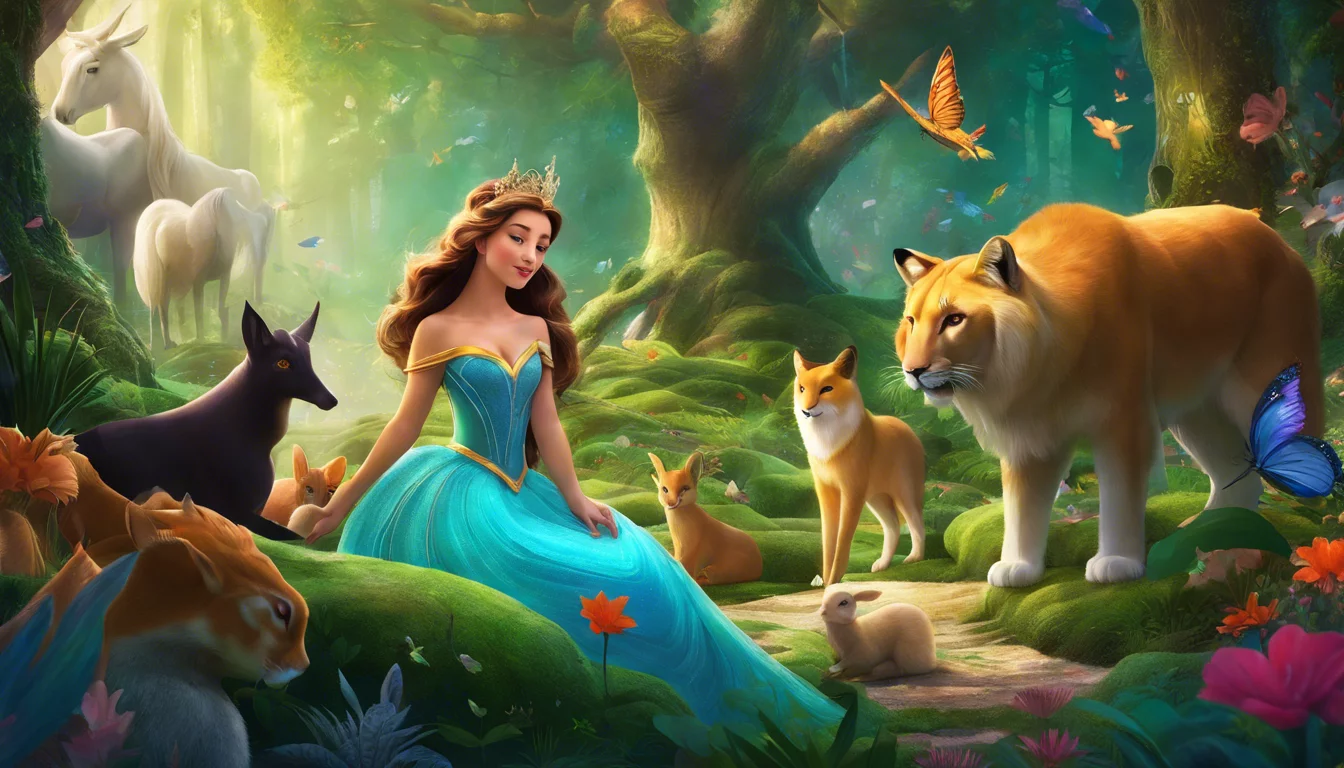 A princess in a blue gown sits peacefully in a vibrant forest surrounded by various animals, including a lion, foxes, and a unicorn, with butterflies and colorful flowers around her.
