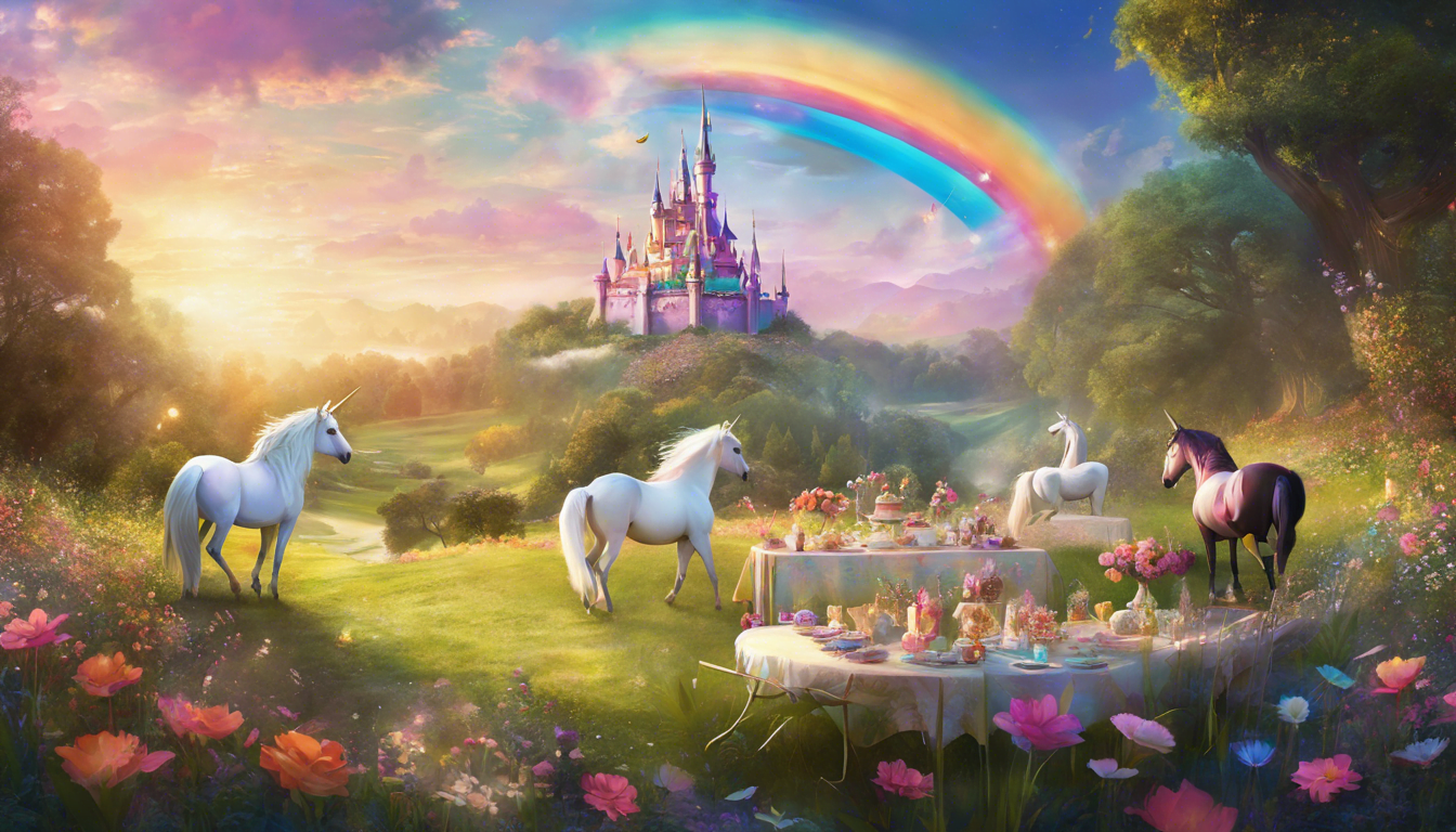 Magical unicorn tea party in a vibrant meadow at sunset.