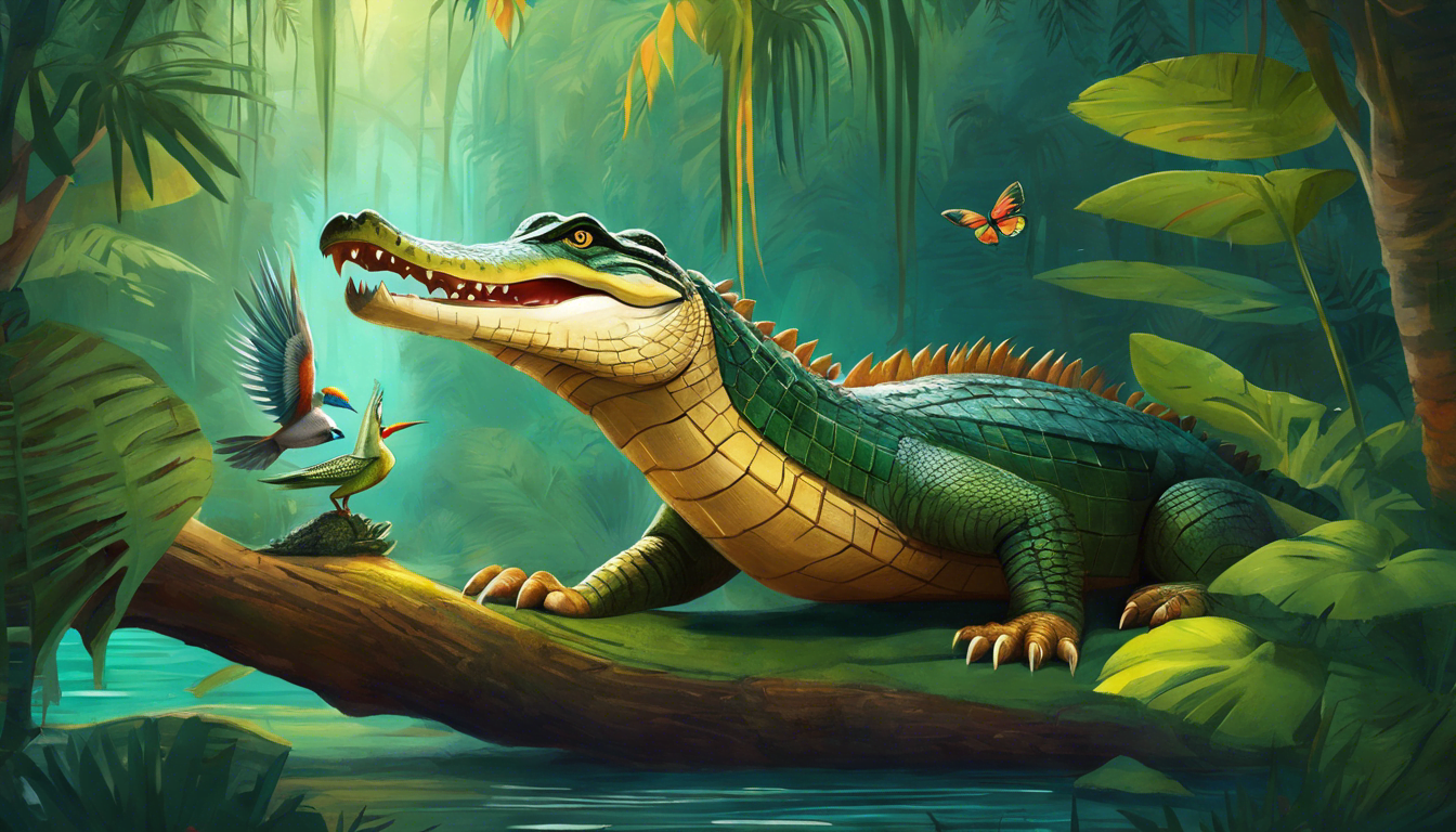 An illustration of a smiling crocodile with a kingfisher friend in a jungle setting.
