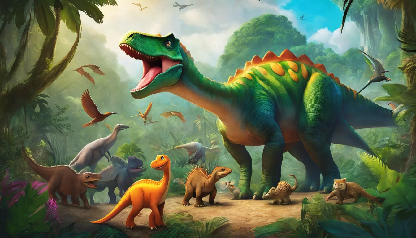 A colorful scene depicting a variety of dinosaurs, including a large green dinosaur with spines, surrounded by smaller dinosaurs and flying creatures in a lush prehistoric jungle.