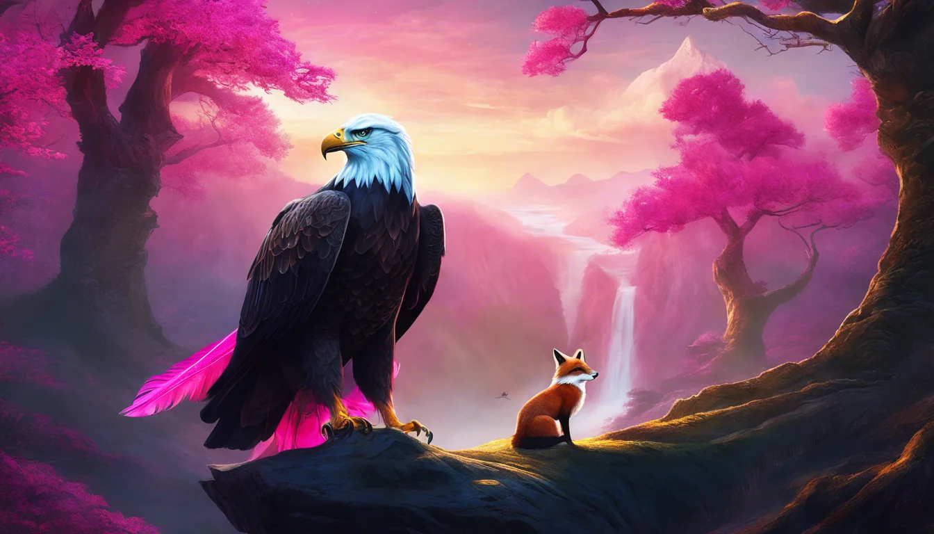 A majestic eagle with vibrant pink feathers stands on a cliff beside a curious fox, set against a dreamy landscape of pink trees and a waterfall.