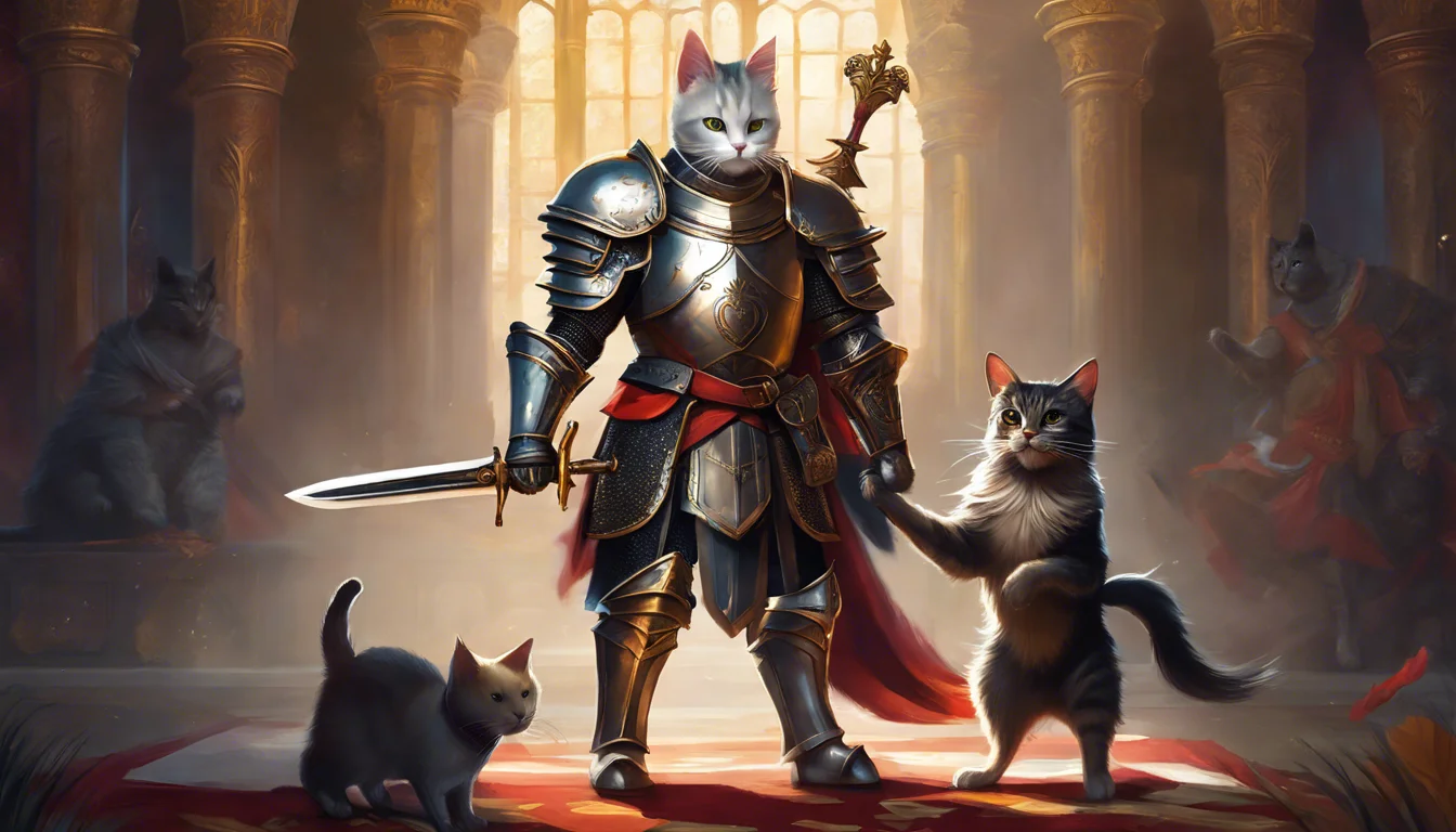 A noble cat in shining armor wields a sword, surrounded by two other cats and majestic pillars in a regal setting.