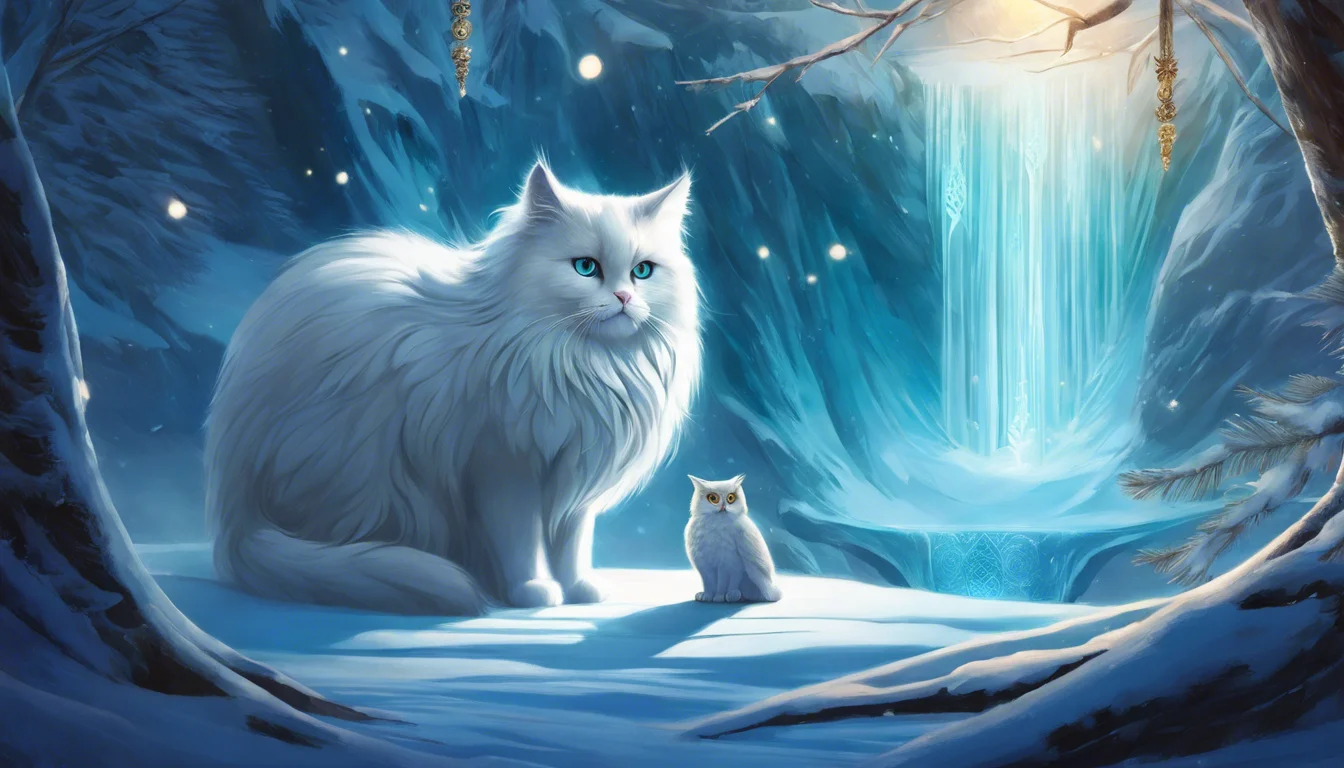 A majestic white cat and a small owl sit in a serene, snowy landscape, illuminated by a shimmering water cascade and soft, ethereal light.