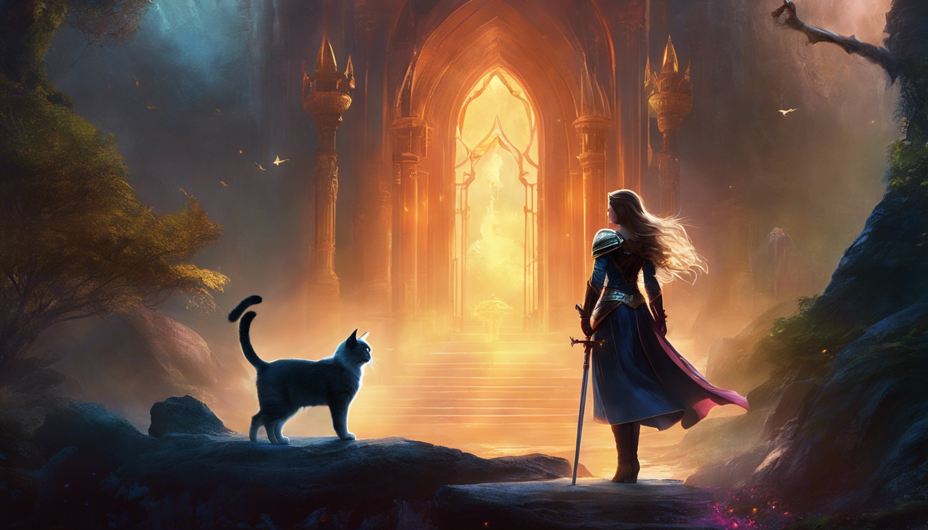 A princess and her cat companion bravely confront an evil sorcerer in a mystical kingdom.