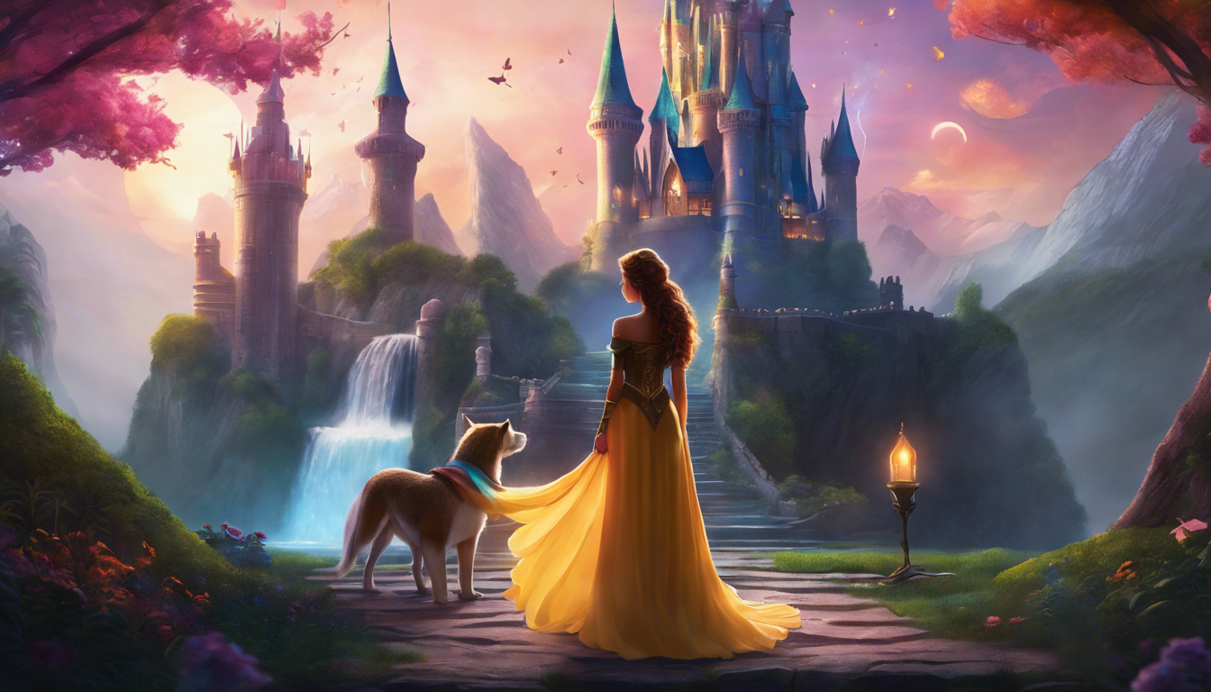 A woman in a yellow gown stands with a dog, gazing at a mystical castle surrounded by waterfalls and vibrant trees during sunset.