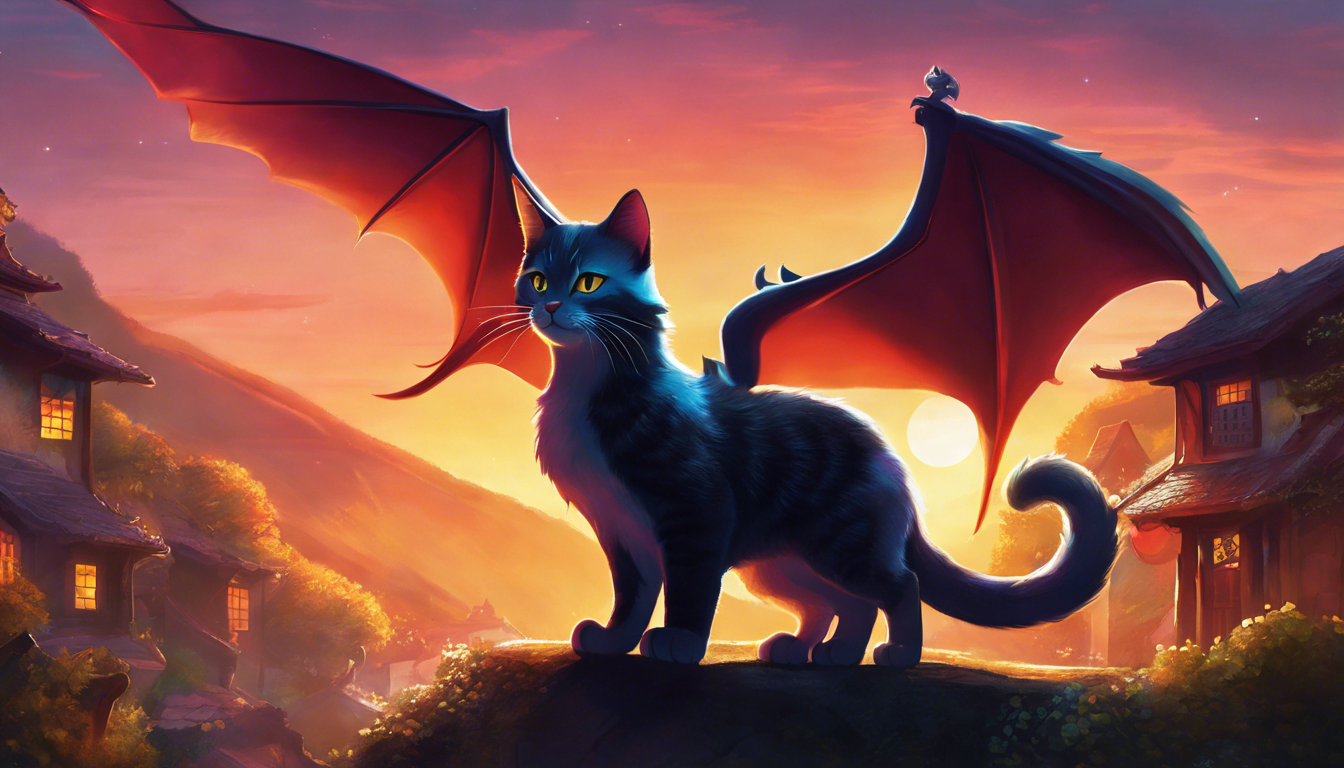 A fantastical black cat with bat-like wings stands atop a hill at sunset, overlooking a serene village.