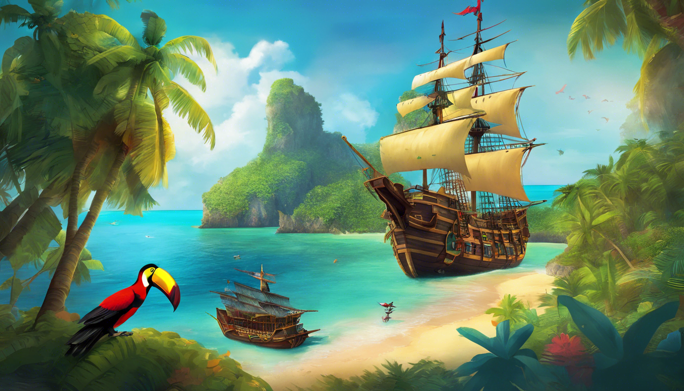 A pirate ship crew approaching a vibrant island with toucans.