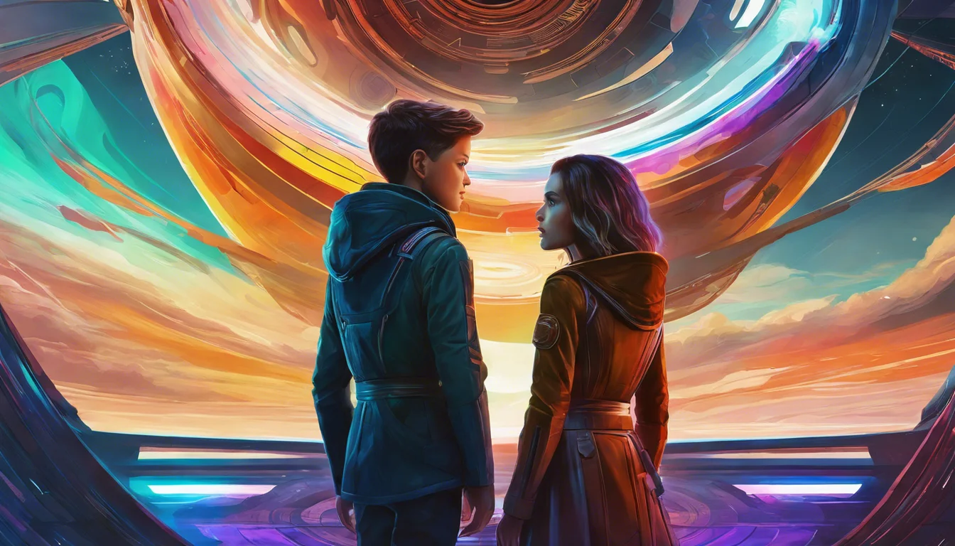 A digital artwork of two figures, a boy and a girl, standing back to back, gazing at a vibrant cosmic portal surrounded by colorful swirling patterns and a dramatic sky.