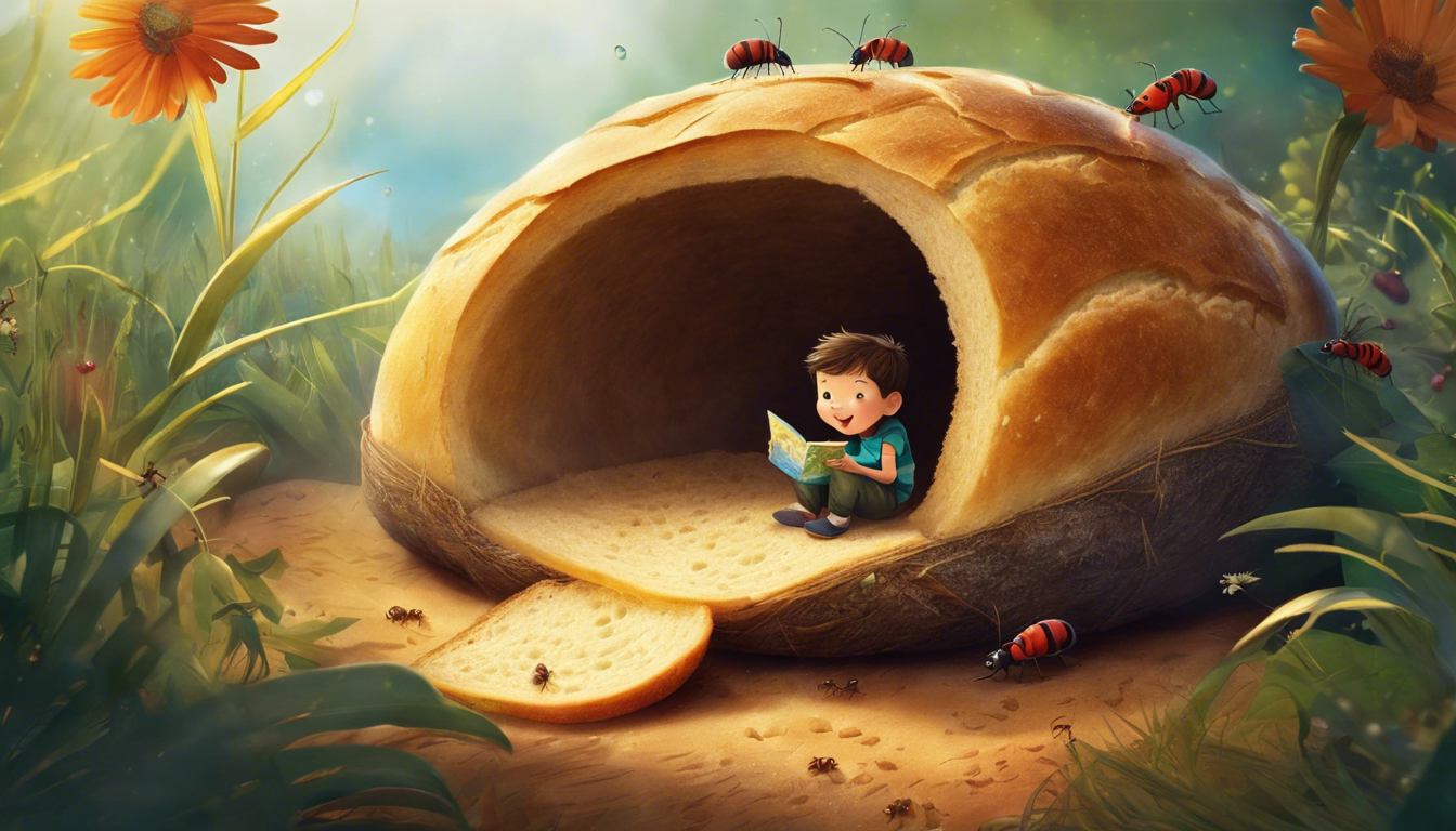 A young boy exploring a whimsical world inside a sourdough bread loaf.