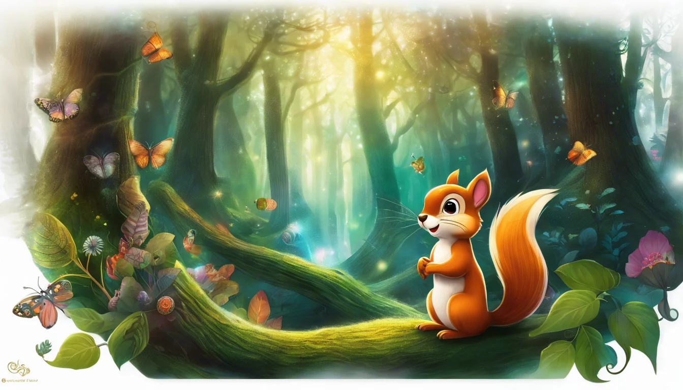 A cheerful cartoon squirrel stands on a mossy log in a vibrant forest illuminated by sunlight, surrounded by colorful butterflies and lush green foliage.