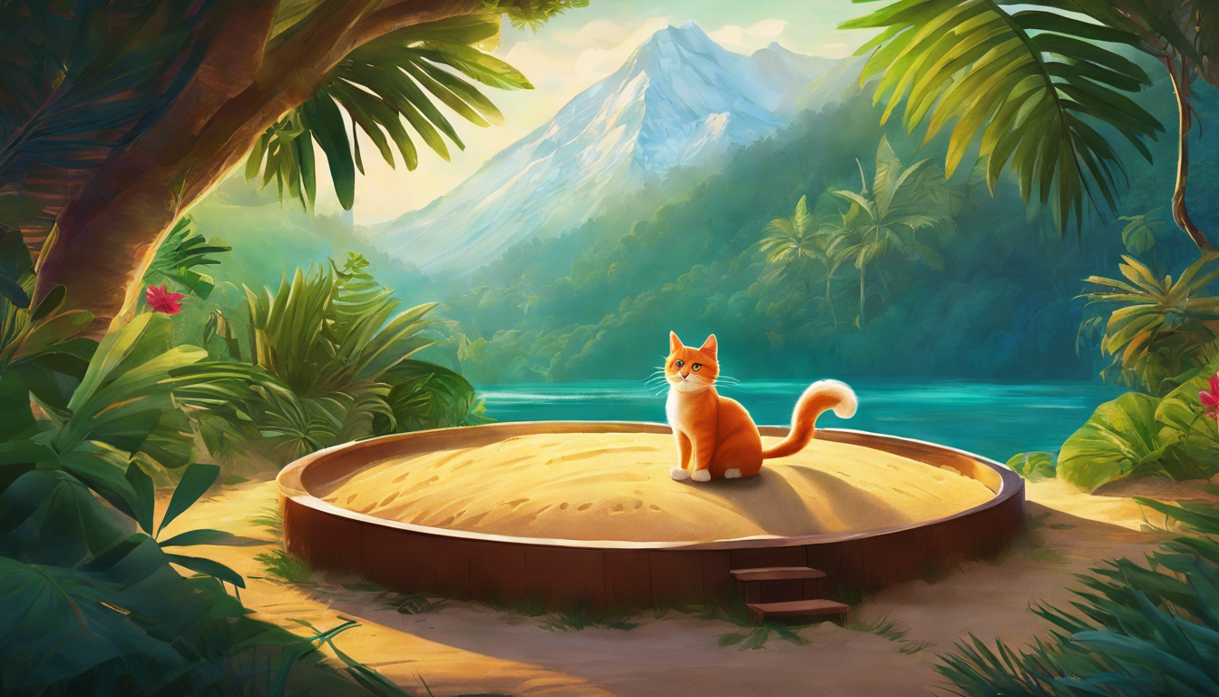 A playful cat explores imaginative landscapes in a backyard sandbox.