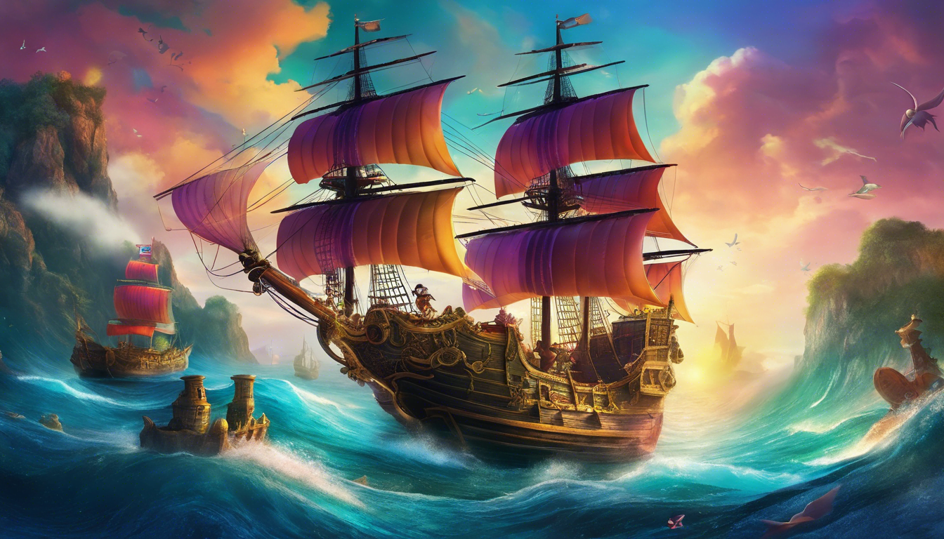 A pirate ship sailing on a magical ocean with Captain Leo and mystical creatures on deck.