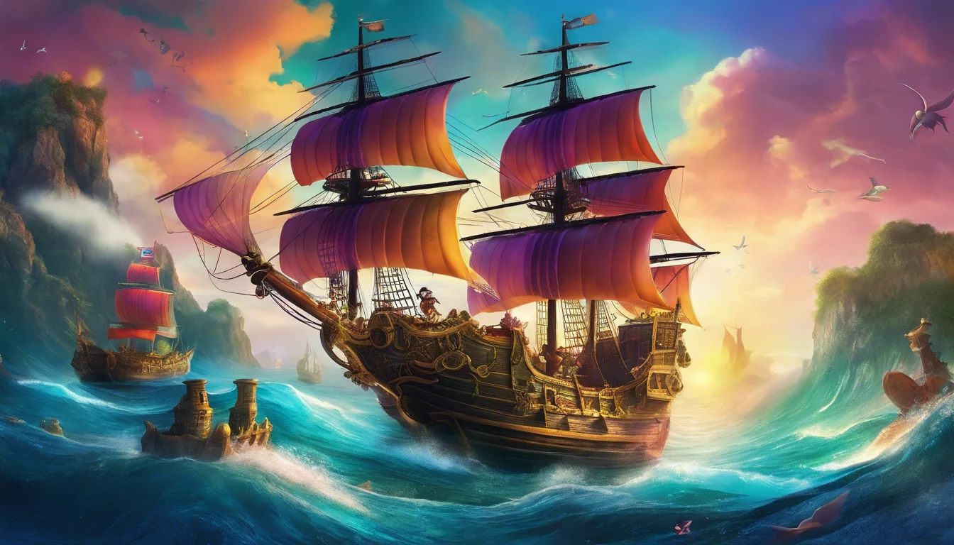 A vibrant digital painting of a majestic pirate ship with billowing purple sails navigating turbulent ocean waters under a dramatic sunset sky.
