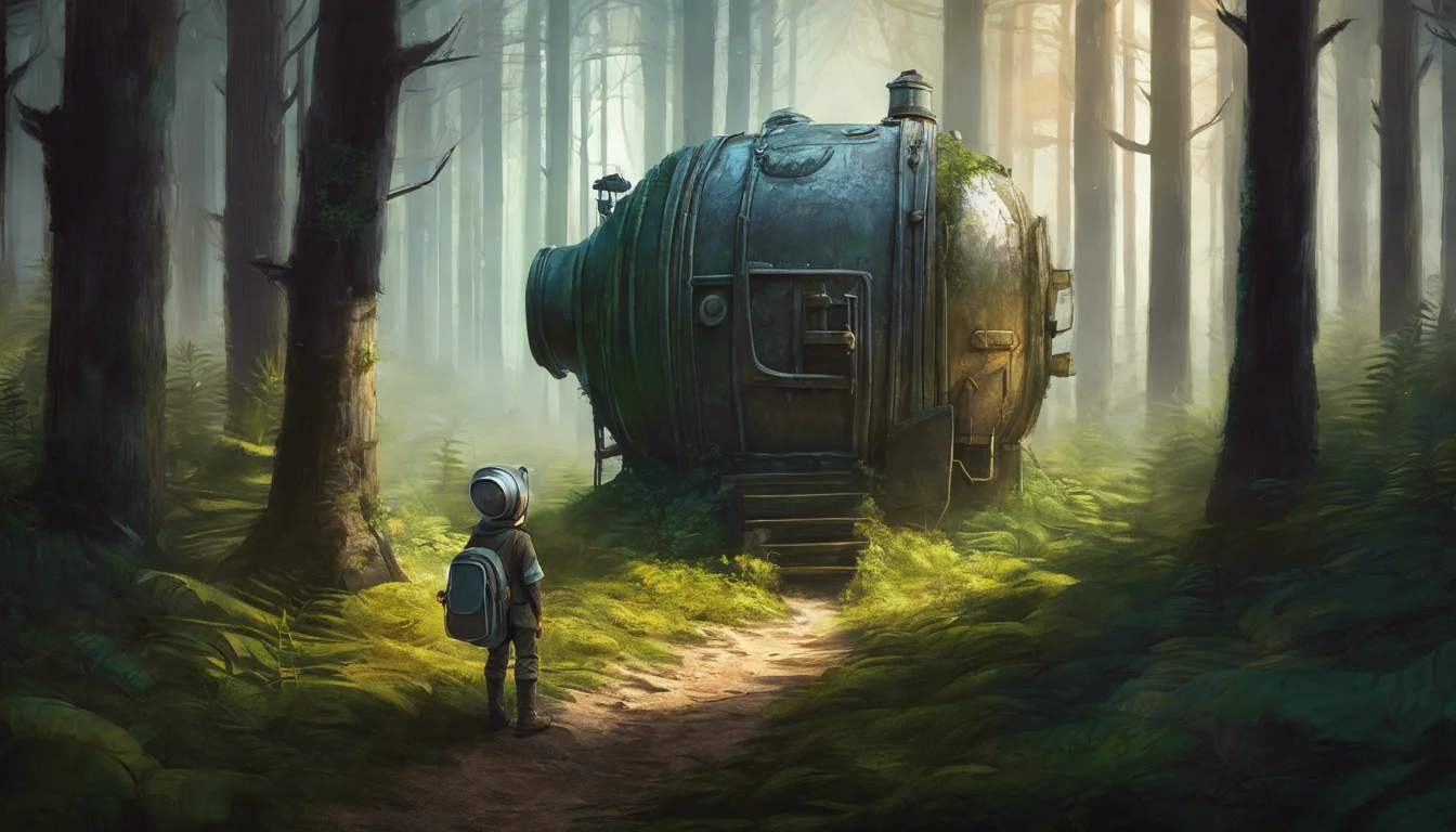 A young child stands on a forest path, gazing at a large, whimsical metal structure resembling a submarine, surrounded by tall trees and lush greenery.