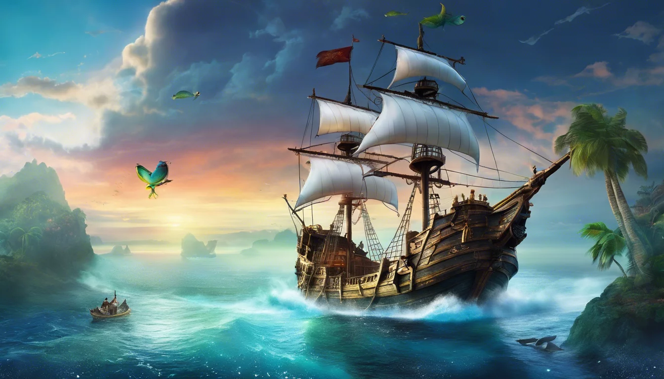A majestic sailing ship with billowing white sails navigating through vibrant turquoise waters, surrounded by lush green islands and a colorful parrot flying overhead at sunset.