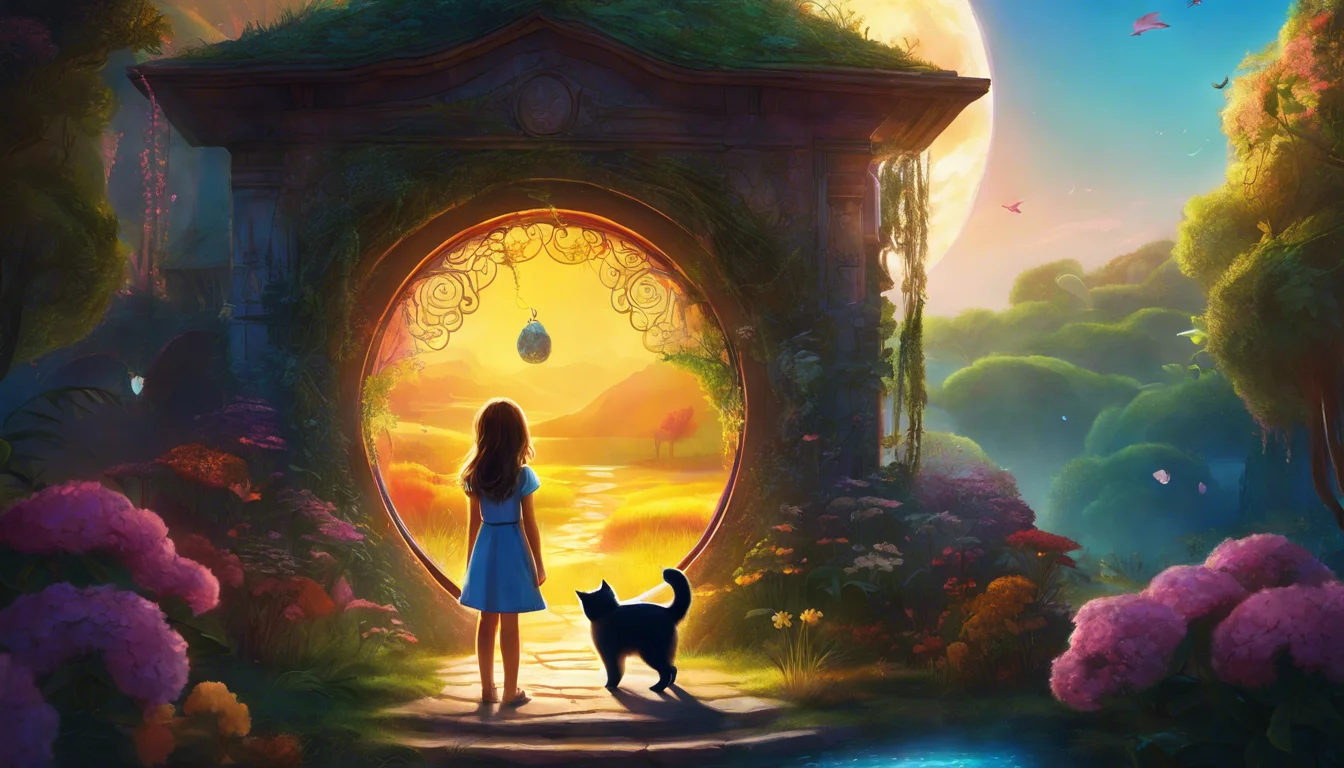 A girl in a blue dress stands with a black cat at the entrance of a vibrant, enchanted garden, framed by colorful flowers and a glowing sunset beyond an ornate archway.