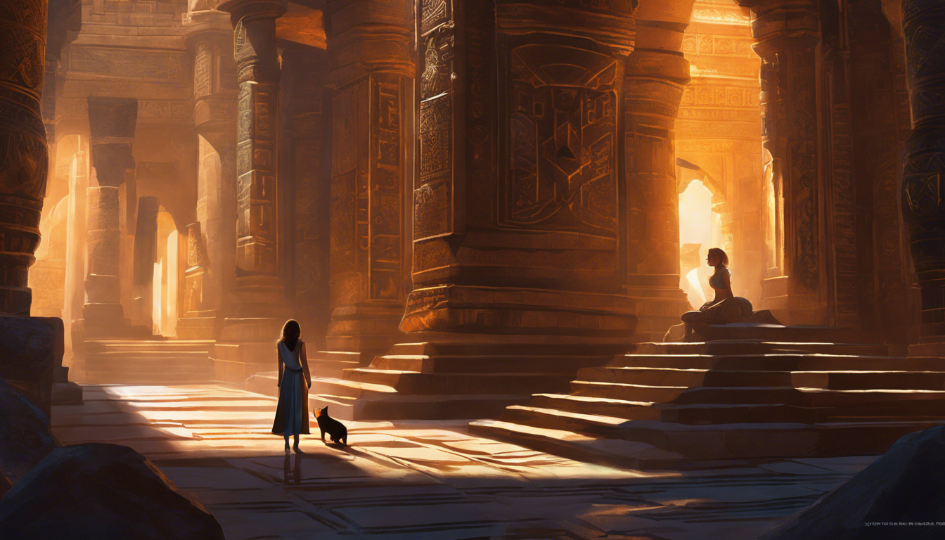 A girl and her cat exploring an ancient temple.