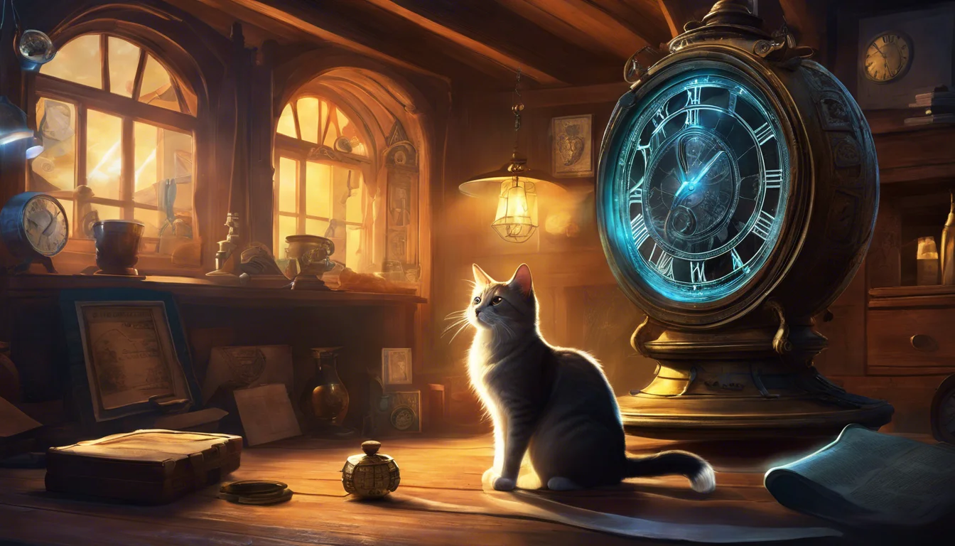 A cozy, warmly lit room filled with antique clocks, featuring a calm cat sitting by a large, ornate clock.