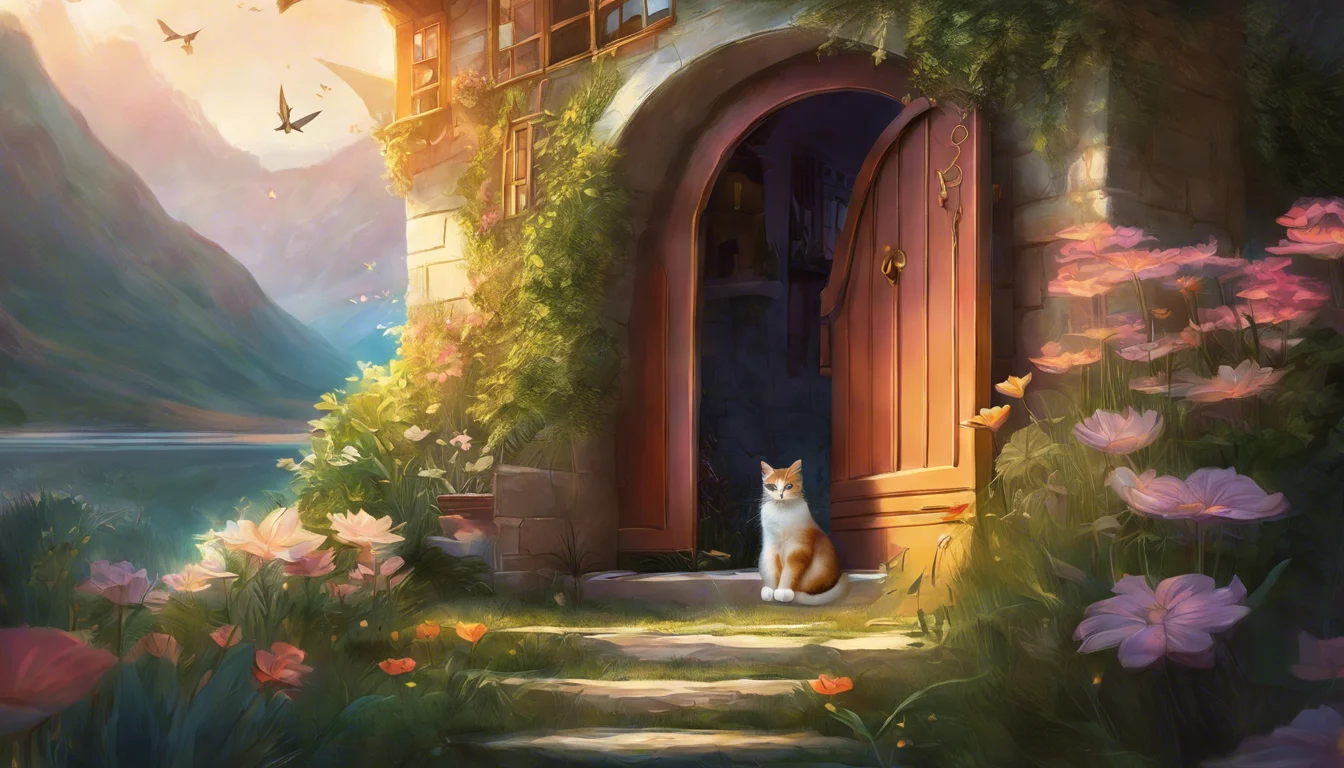 A serene landscape featuring a cozy cottage doorway surrounded by colorful flowers, with a cat sitting on the stone steps and mountains in the background.