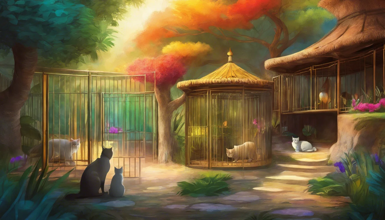 A serene scene depicting a colorful garden with animal cages, surrounded by lush trees and flowers, featuring two cats sitting together in the foreground.