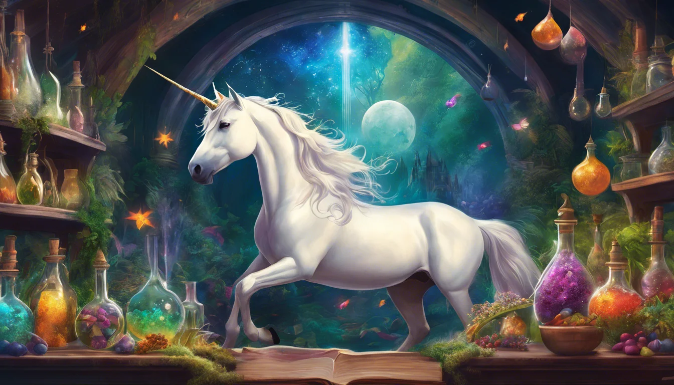 A majestic white unicorn gracefully trots through a magical potion-filled room, illuminated by a mystical starlit backdrop and vibrant, colorful bottles.