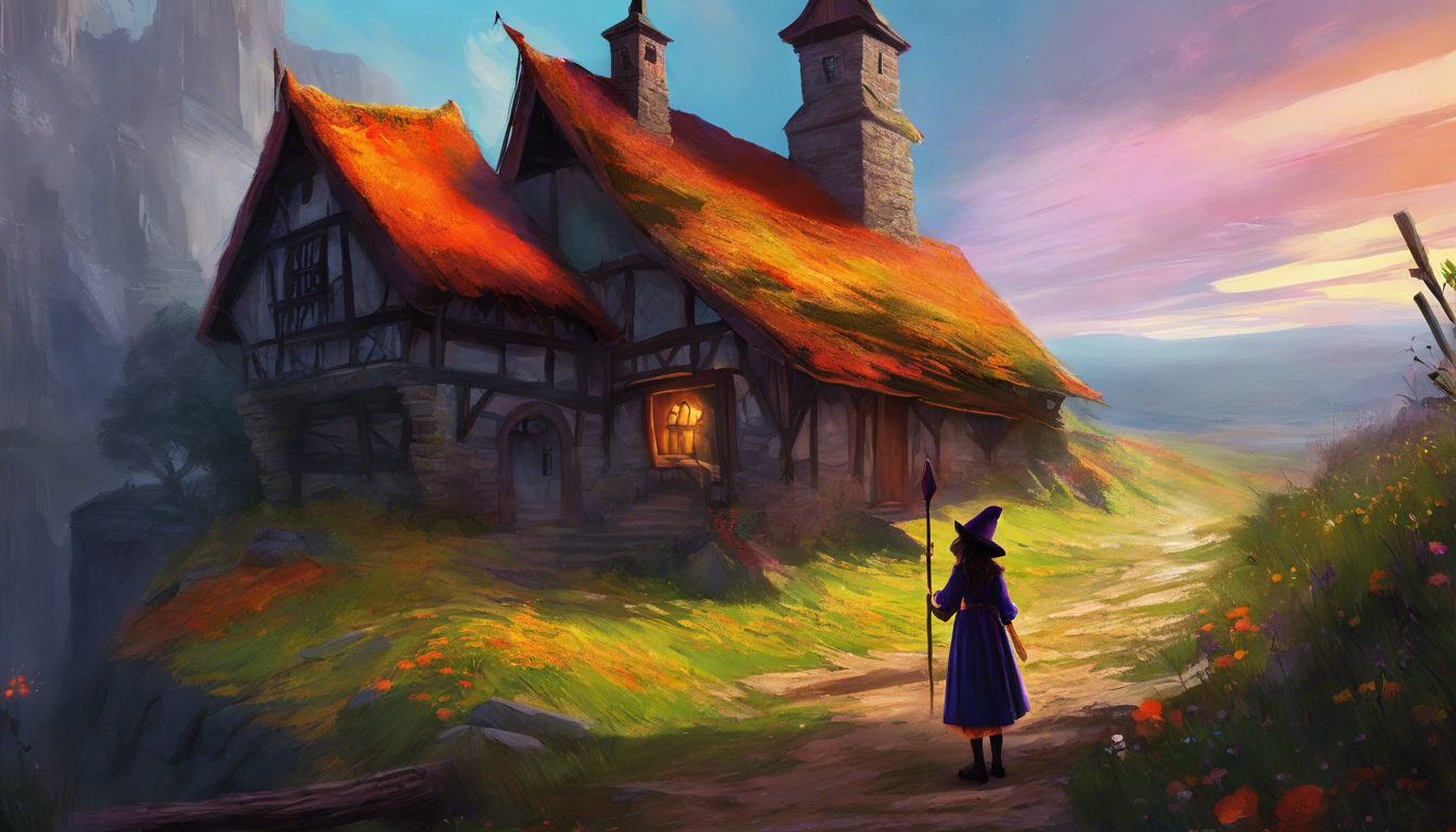 A witch painting vibrant colors in a dull village as a young girl watches in amazement.
