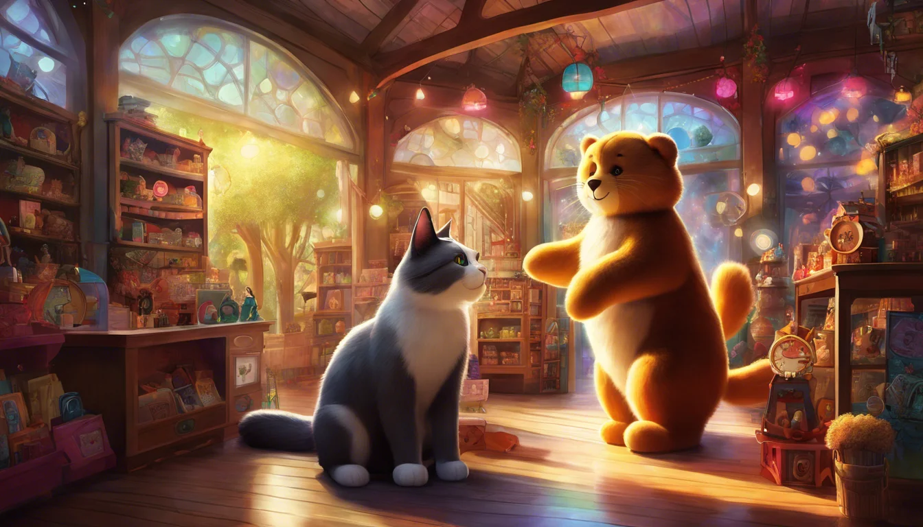A whimsical scene featuring a friendly bear and a curious cat in a cozy, brightly lit shop filled with colorful items and warm, glowing lights.