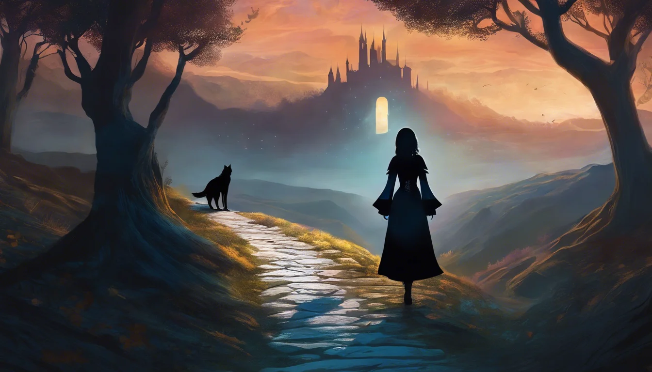 A silhouette of a woman and a dog walking along a winding path towards a distant castle at sunset, surrounded by dark trees.