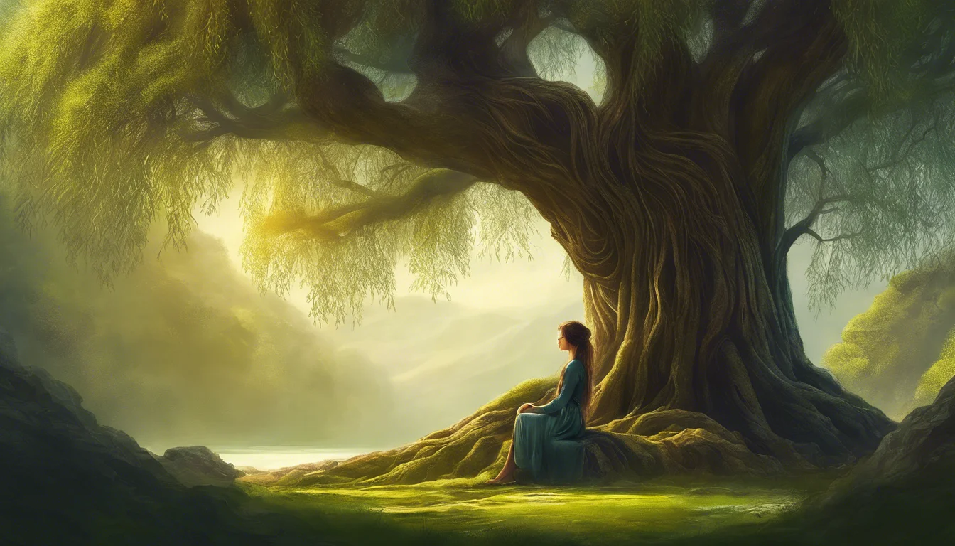 A serene scene of a woman sitting beneath a large, ancient tree, surrounded by gentle light and a tranquil landscape.