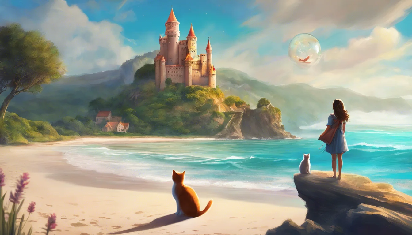 A serene beach scene featuring a girl and two cats gazing at a distant, fairytale castle on a hillside, under a colorful sky with a floating bubble.
