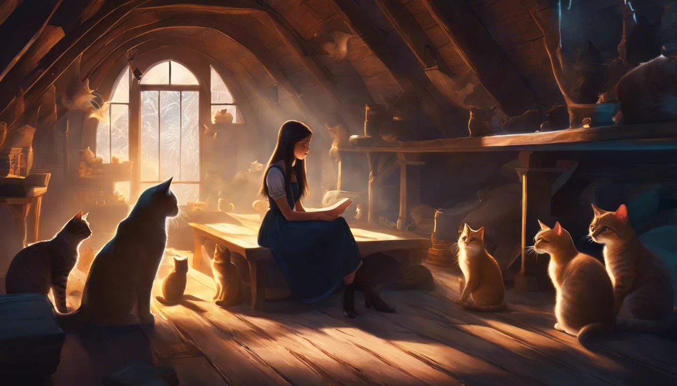 A girl sitting in a dimly lit attic surrounded by several cats, softly illuminated by a warm glow.