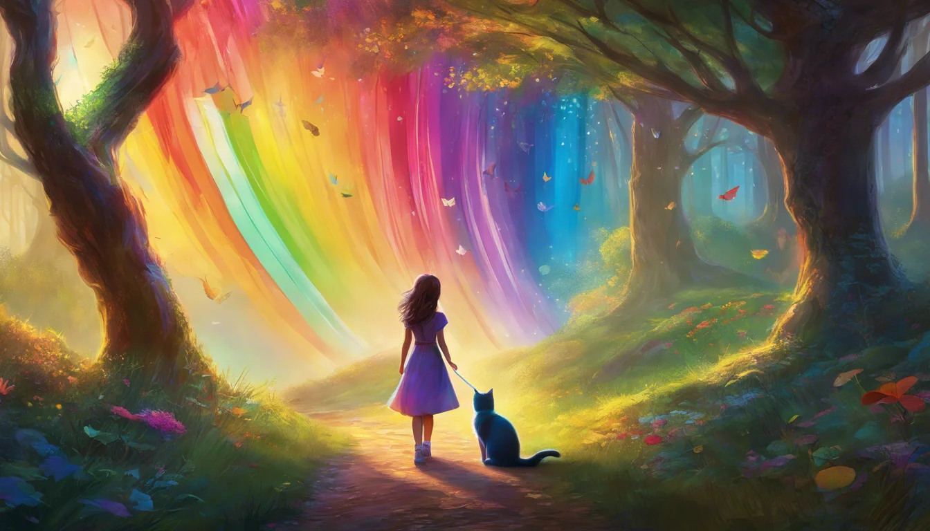 A young girl in a purple dress stands with a black cat, gazing at a vibrant rainbow cascading through a mystical forest filled with colorful foliage and butterflies.