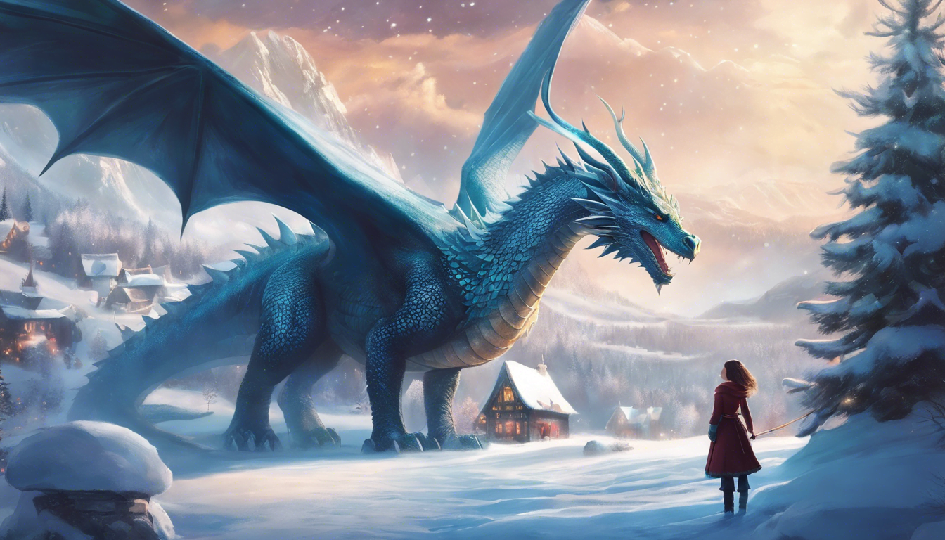 A girl stands with a snow-breathing dragon in a magical kingdom.
