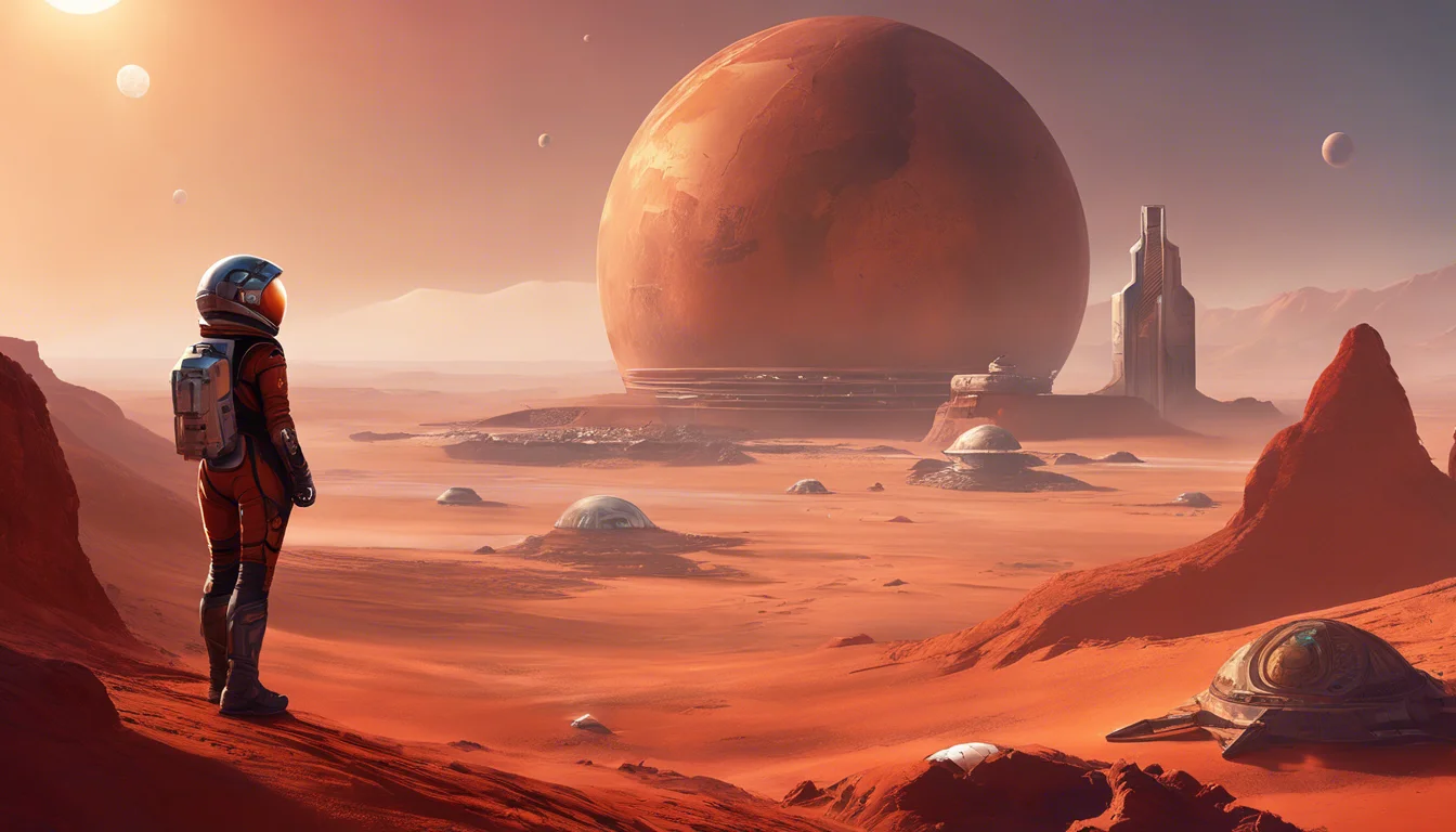 Astronaut standing on a red Martian landscape, gazing at a large planet in the sky and futuristic structures in the distance.